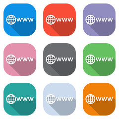 symbol of internet with globe and www. Set of white icons on colored squares for applications. Seamless and pattern for poster