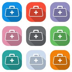 first-aid kit, outline symbol. Set of white icons on colored squares for applications. Seamless and pattern for poster