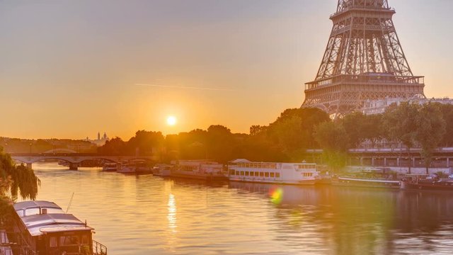 Eiffel Tower and the Seine river at Sunrise timelapse, Paris, France