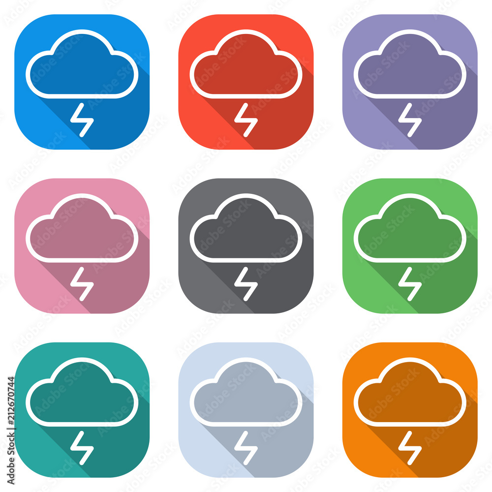 Poster cloud and lightning. simple outline icon. linear symbol with thin outline. set of white icons on col