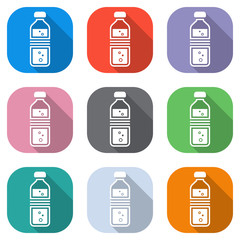 bottle of water with bubbles. simple single icon. Set of white icons on colored squares for applications. Seamless and pattern for poster