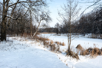 Trees and river covered with snow. Russian winter is the calmest and quiet time of the year, when all nature is asleep, covered with a white blanket of soft snow