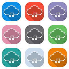 Cloud music library, striming. Simple linear icon with thin outline. Set of white icons on colored squares for applications. Seamless and pattern for poster