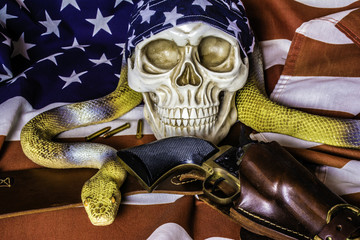 human skull with american flag skull cap and leather holster with black revolver and large yellow...