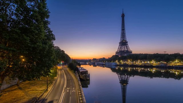 Eiffel Tower and the Seine river night to day timelapse, Paris, France