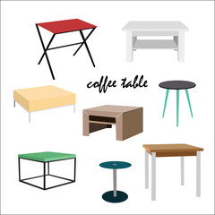 coffee tables in different styles and colors. Danish, modern, vintage, retro, wooden. Realistic looking.hand drawn in beautiful style. Interior design and home decor.
