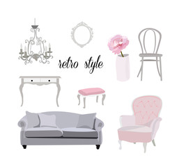 retro vintage furniture collection.feminine romantic interior design style. Sofa, chair, dresser,mirror,peony vase.beautiful pink hand drawn realistic looking elements.