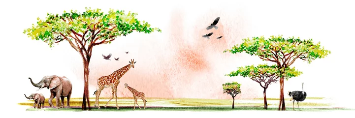  watercolor illustration of African wildlife, drawings of giraffes, elephants, eagles, birds and southern trees in the savannah © Ardea-studio