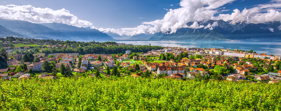 Panorama view of Montreux city with Swiss Alps, lake Geneva and vineyard on Lavaux region, Canton Vaud, Switzerland, Europe