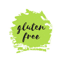 Gluten free round stamp. Vegan, eco, bio, raw, organic green design template. Healthy food badge, tag for cafe, package. Hand drawn lettering card, watercolor ink dry brush stroke. Vector logo or sign