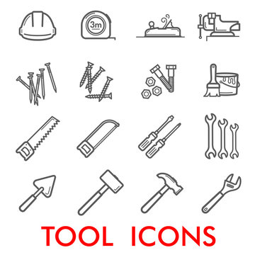 Vector thin line icons of repair work tools