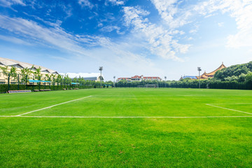Green football field under blue sky background © ABCDstock
