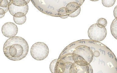 Bitcoin economic financial bubble. Cryptocurrency 3D illustration. Business concept. Golden bubbles on a white background