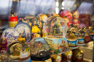 Moscow, Russia - 07 09 2018: a stall selling traditional Russian gifts, nesting dolls, spoons,...
