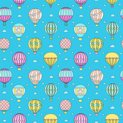 Aerostats (air balloons) in the sky outline seamless pattern.