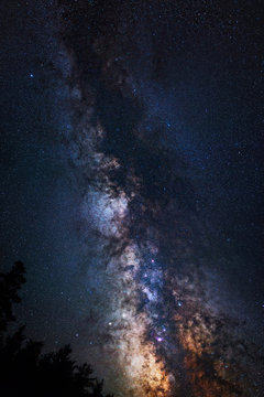 Astrophotography of Milky Way galaxy. Stars, nebula and stardust at night sky landscape