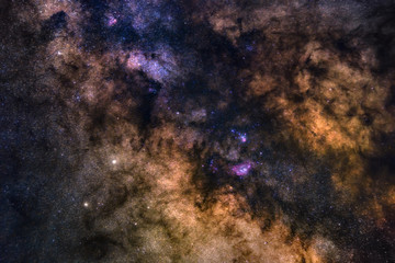 Fototapeta na wymiar Astrophotography of Milky Way galaxy. Deep space. Stars, nebula and stardust at night sky