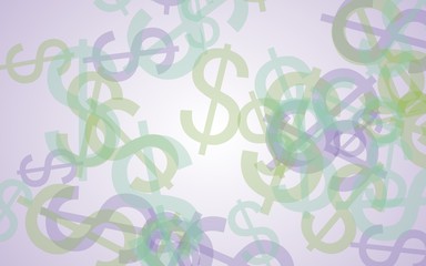 Multicolored translucent dollar signs on white background. Green tones. 3D illustration