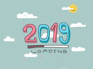 2019 loading word on sky and cloud watercolor painting illustration pastel tone