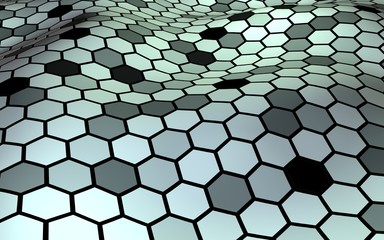 Honeycomb with a gradient color. Perspective view on polygon look like honeycomb. Wavy surface. Isometric geometry. 3D illustration