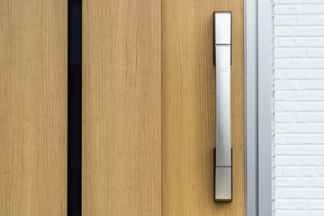 Modern metal door handle and wood door