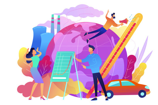People in panic to announce global heating data. Globe with power plant and traffic fumes as a symbol of environment pollution, global heating impact. Violet palette. Vector illustration on background