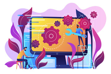 People configure the application on the big LCD screen with gears. Back end development it concept. Software development process. Violet palette. Vector back-end concept illustration white background