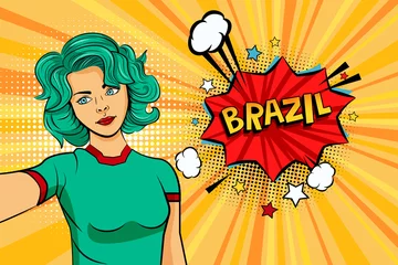 Aquamarinfarbenes Haarmädchen, das Selfie-Foto vor Sprachexplosion macht Brasilien-Name im Blasen-Pop-Art-Stil. Element der Sportfanillustration für mobile und Web-Apps © gunayaliyeva
