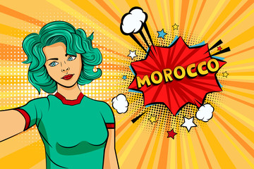 Aquamarine colored hair girl taking selfie photo in front of speech explosion Morocco name in bubble pop art style. Element of sport fan illustration for mobile and web apps