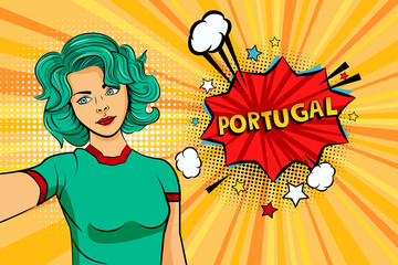 Aquamarine colored hair girl taking selfie photo in front of speech explosion Portugal name in bubble pop art style. Element of sport fan illustration for mobile and web apps