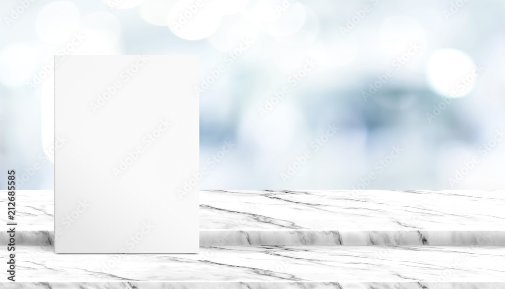 Poster white poster on step white marble table top with blur patient waiting for doctor at hospital with bo