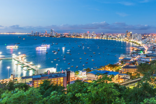 Night View Of Pattaya City Beach During Sunset At Pratumnak Viewpoint, Pattaya Thailand.