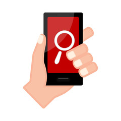 Hand holding a smartphone with a search icon
