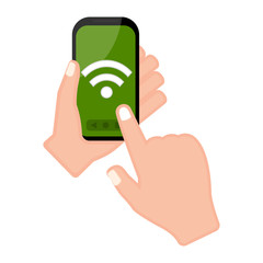 Hand holding a smartphone with a wifi icon