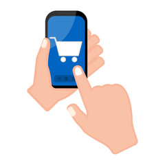 Hand holding a smartphone with a cart icon