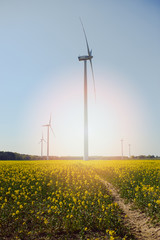 Bright blue sky moving and wind turbine