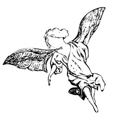 Engraving angel, wings, mural, faceless, black and white vector illustration