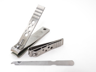 Stainless steel nail clipper on white background.