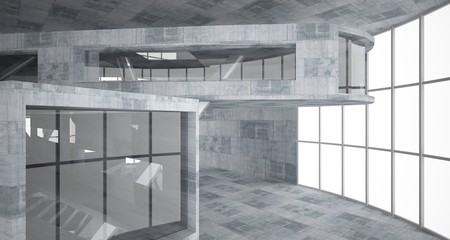 Abstract white and concrete parametric interior  with window. 3D illustration and rendering.