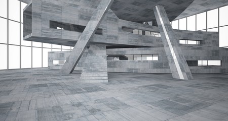 Abstract white and concrete parametric interior  with window. 3D illustration and rendering.