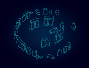 Stonehenge low poly geometric banner. Summer solstice historical calculations analysis polygonal science technology. Wireframe blue architecture stone travel tourism England UK vector illustration