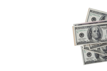 US dollar bill with clipping path. Stack of banknotes laying isolated on white background with copy space, top view.