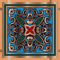 delicate abstract ethnic pattern in the shape of a square on a blue background