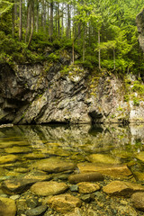 reflection of rock faces of the cliff on the creek water