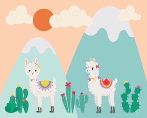 Cute llama in the wild. Hand drawn art. © VectorBoyZ