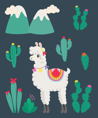 Cute llama in the wild. Hand drawn art. Design for card, sticker , fabric textile, t shirt. Children, kid modern trendy style