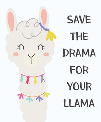 Cute llama. Hand drawn art. Design for card, sticker , fabric textile, t shirt. Children, kid modern trendy style