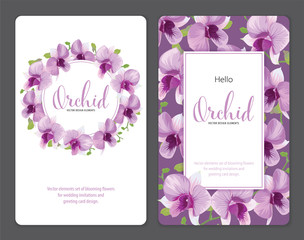 Floral frame with tropical orchid flowers on purple background template. Vector set of blooming floral for holiday invitations, greeting card and fashion design.