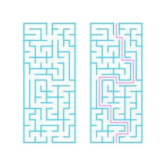 Rectangular labyrinth with a blue stroke. A game for children. Simple flat vector illustration isolated on white background. With the answer.
