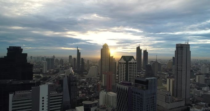 Aerial shot of the Lebua, Bangkok Skyline with sunset.